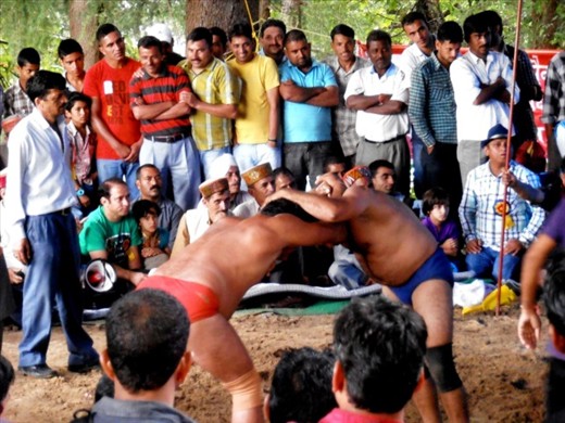 Two tubby wrestlers entertaining the crowd