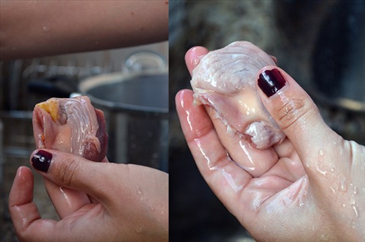 Take out the yellow parts, they're the reason you started washing the meat.