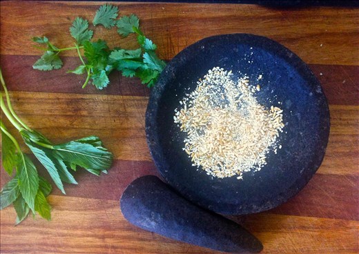 Cooked rice with fresh mint and coriander