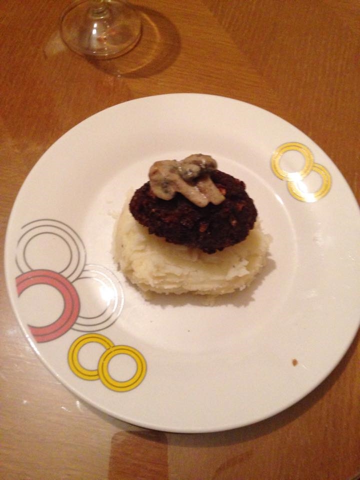 Kilted Kibbeh; Kibbeh, Mashed Potatoes & Whisky Mushroom Sauce