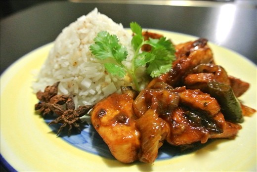 Chicken Manchurian & Coconut Rice plated