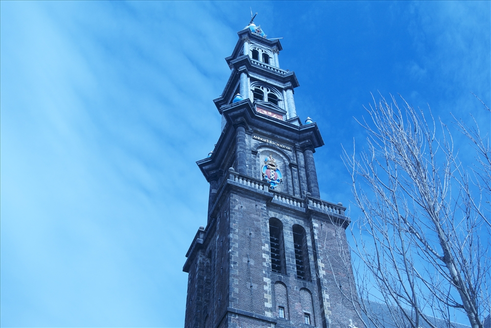 A church tower in the city of Amsterdam, The Netherlands. 