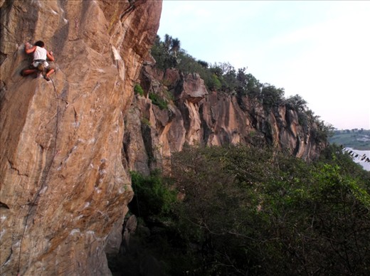 An austrian climber giving his best at the local crag in Puebla, Mexico. It is hard to get a dramatic picture that captures the feelings while rock climbing...