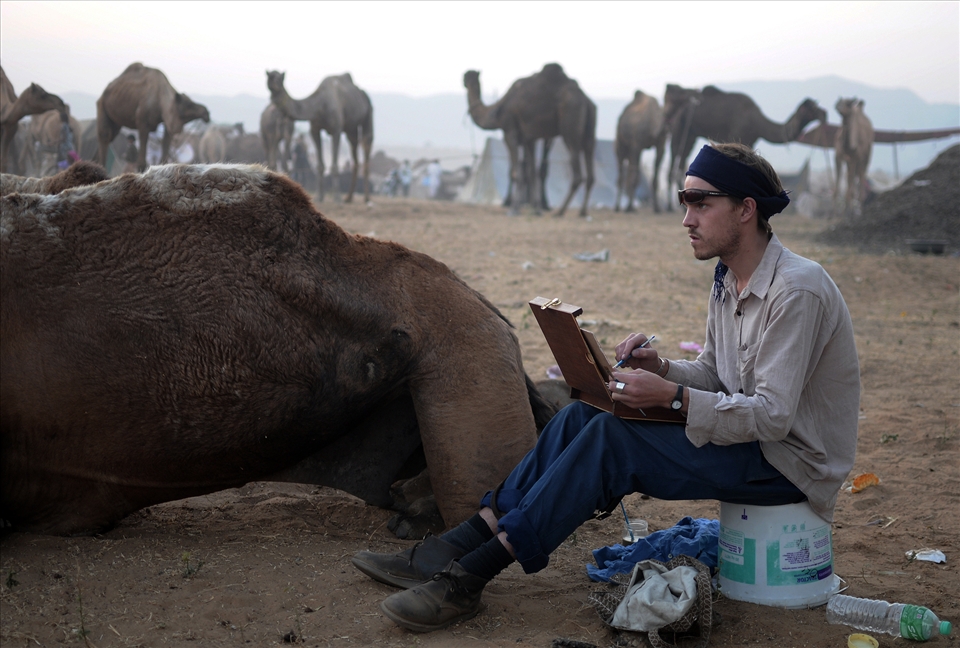 A man engrossed in sketching the camel herd oblivious of the surroundings