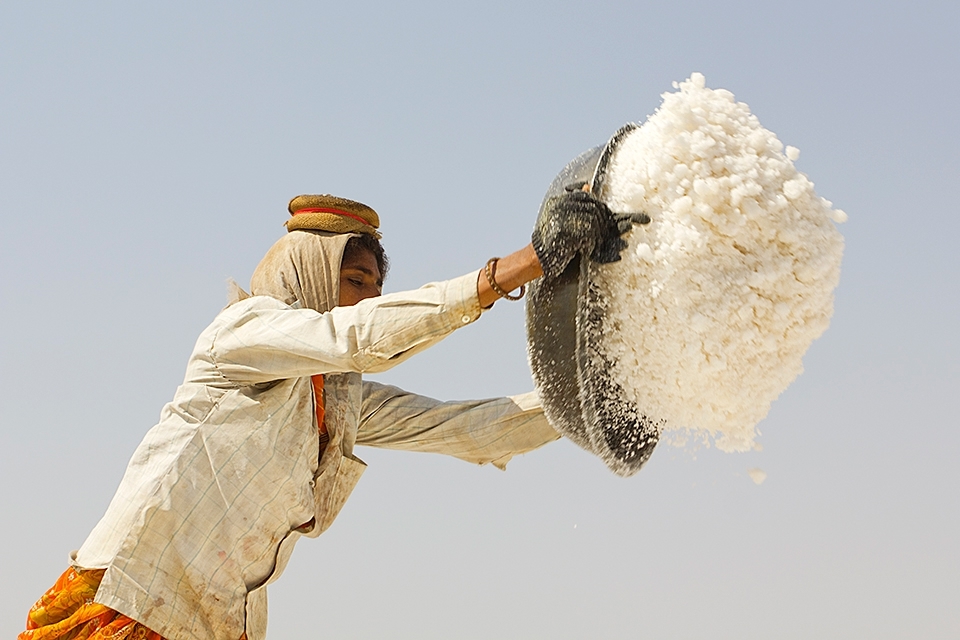 The salt is produced in a series of manual chores that have remained the same for centuries. Once the salt crystals have formed and the water evaporated it is raked into mounds in the pans. The workers move the salt by hand throwing it into much larger piles for collection by the trucks. A full dish was weighing about 25kg.