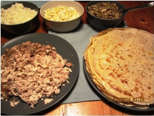 Mushrooms cut into small pieces and with the chopped onion, fry in olive oil unt
