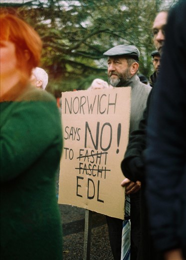 A protester at an anti-EDL demonstration in Norwich. 