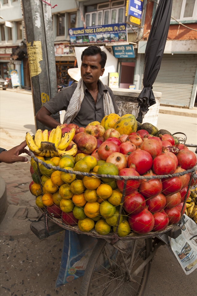 Pop up Shop.
Discovering the colourful and dusty streets one morning in Thamel, I come across a farmer selling fruit to a tourist-populated hotspot. His impressive mobile shop allows fruit to be sold whilst on the move, traveling to the markets and restaurants scattered in the Valley. Custom made circular panniers are constructed using old pipe and fish net which allow him to carry larger loads than those still carting traditional timber boxes. The shop also carries a set of scales for accurately measuring desired quantities. 

