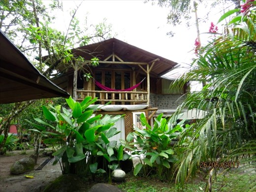 Mindo hotel our room, great birdwatching spot overlooking mountain stream.