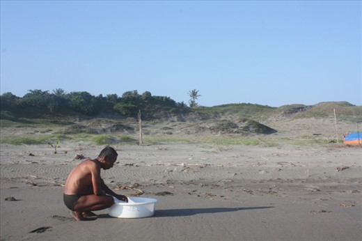 Fisherman checking for small fish he grow and eventually sell. He wasn't lucky that day, he tells me. But was quick to add, that tomorrow is another day.