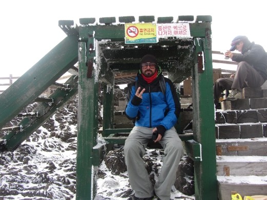 Sitting down after four hours of climbing Hallasan mountain (한라산)