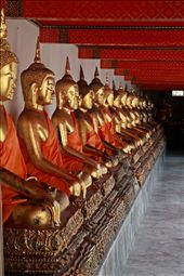 walking  slowly around the Bangkok  wat pho temple you see such expert craftmanship applied to virtually every corner of the grounds as you see here on  a rear wall joining two buddha temples.I call it the temple of a 100 buddhas.If you look closely you'll see every buddhas face is unique and individual.: by goodtrojan, Views[773]