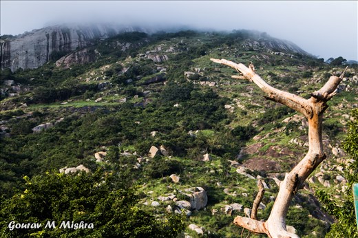 Landscape view of the Skandagiri Mountain in a misty morning