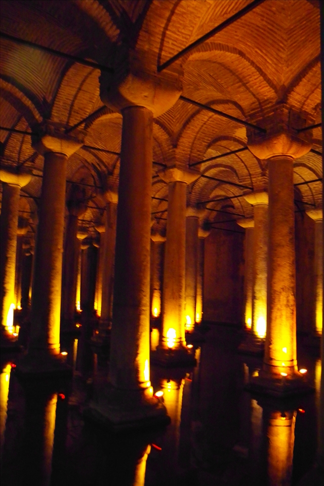 A SEA OF COLUMNS stand like sentries in the dimly-lit  Basilica Cistern. 