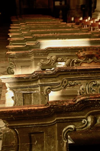 Pews worn by thousands of hands, Duomo of Ravenna