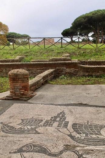 Mosaic of lighthouse with lighthouse ruins, Ostia Antica