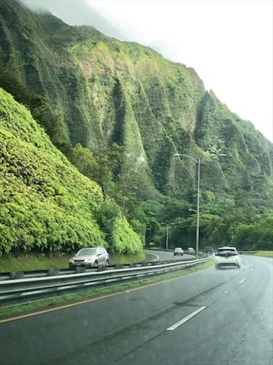 Rain-splattered view from Kamehameha Highway 