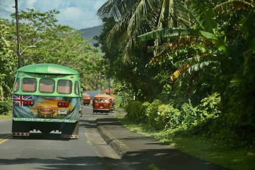 Convoy of tour buses from the ship, Papeete