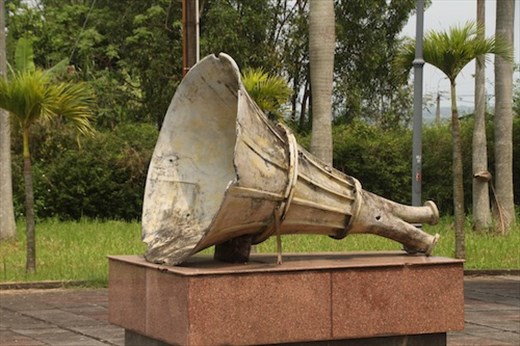 One of several propaganda speakers, Hien Luong Bridge