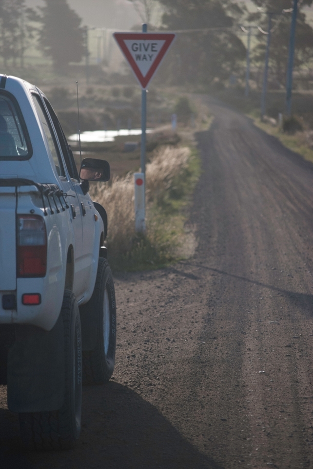 A common site on the trip back to Hobart.  One of the many long and empty dirt roads on the Tasman Peninsula that Mum travels regularly.  The sign is somewhat meaningless; we didn’t pass a soul the entire afternoon.