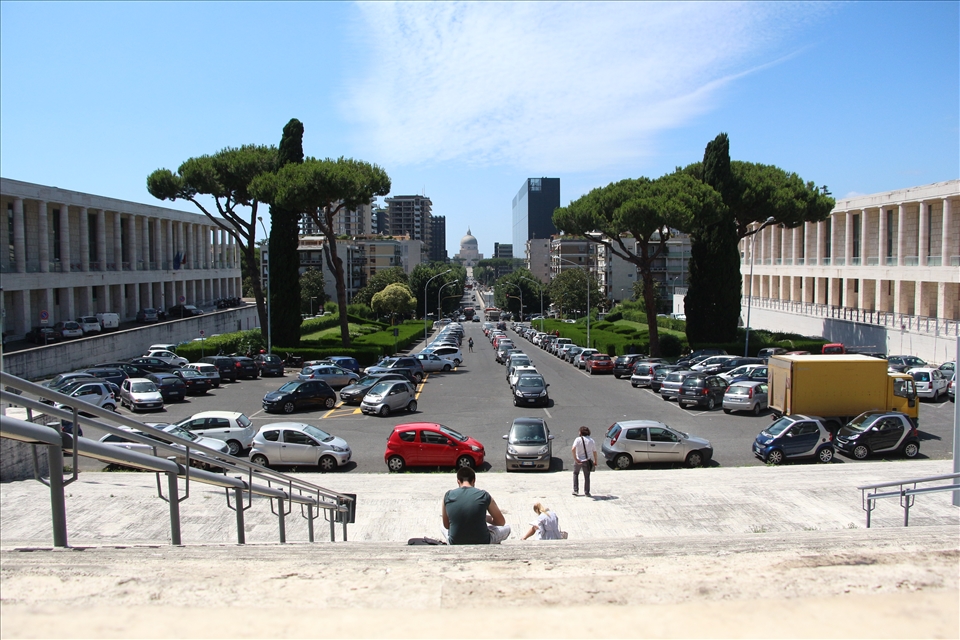 Driving through the modern city of Rome