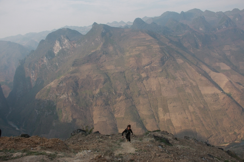 Looking for green fodder (Ha Giang, Vietnam)
More than 1000 m above the Nho Que river in Ha Giang (Vietnam) I met a boy from the Lô Lô ethnic minority. He had a reaping knife in his hand looking for green fodder. For that he has to take a long arduous way, because the steep precipices are deforested and devasted. 
