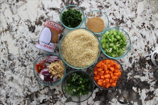 All ingredients, except for pigeon peas and chicken are shown.