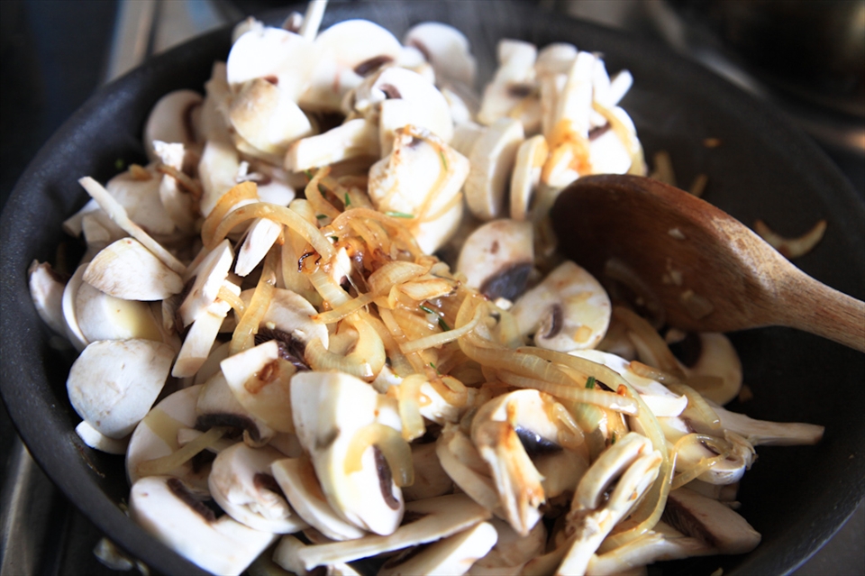 Brown the onion and garlic then add the mushroom.