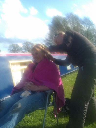 Brigitta giving Debs a haircut, somewhere on the way to Llangollen