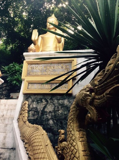 A Buddha on the way to the top of mount Phousi, downtown Luang Prabang. We learned that there are seven postures with meanings like meditation, touching the earth, contemplation, stop the flooding or the fighting.