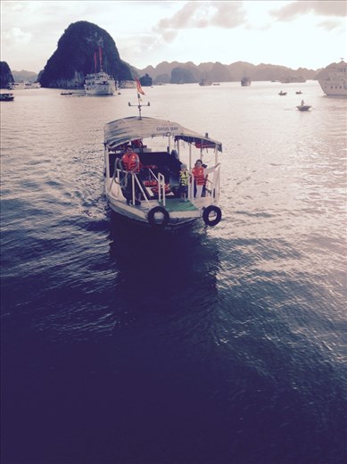 Asher and Hanna coming back to the cruise ship from a swim at the beach.
