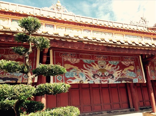 Decorations on one of the buildings of the tomb site for the second emperor in the Nguyen Dynasty: Minh Mang (reign 1820 - 1841).