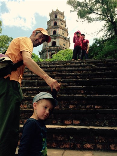 Up the steps to the Thien Mu pagoda (a buddhist temple), a landmark for Hue on the bank of the 