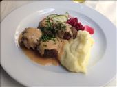Swedish meatballs in cream sauce, mashed potatoes, lingonberries, and pickled cucumbers. Yummy!: by hayleythenomad, Views[393]