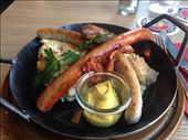Two types of sausage, sauerkraut, mashed potatoes with onions, fried bacon, brown bread, and mustard = the most German meal ever, Munich: by hayleythenomad, Views[498]