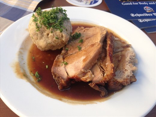 Roasted pork with white bread dumpling and homemade gravy, Munich