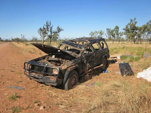 One of many rolled over cars along the gravel roads we travel. This is on our way to Tunnel Creek, Devonian Reef. 