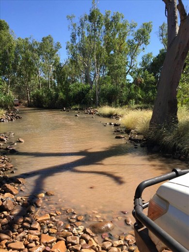 Wieder muessen wir durch ein Wasserloch fahren, um am Ziel anzukommen. Allmaehlich gewoehnen wir uns an diese besonderen Bedingungen. Immerhin hat es sich bisher gelohnt. Unser Landcruiser hat sich als sehr zuverlaessig herausgestellt. Ein toller Gelaendewagen!