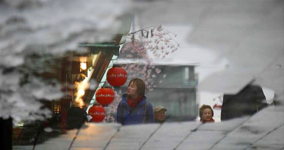 Reflection both of a puddle on the Sensoji Temple, Tokyo, Japan. 