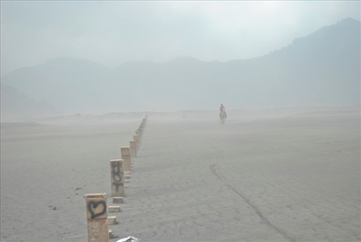 Tenggerese riding the horse in sand sea that blowing by wind. I bet this people going to home after rent his horse to tourist. It's around 11 AM.
