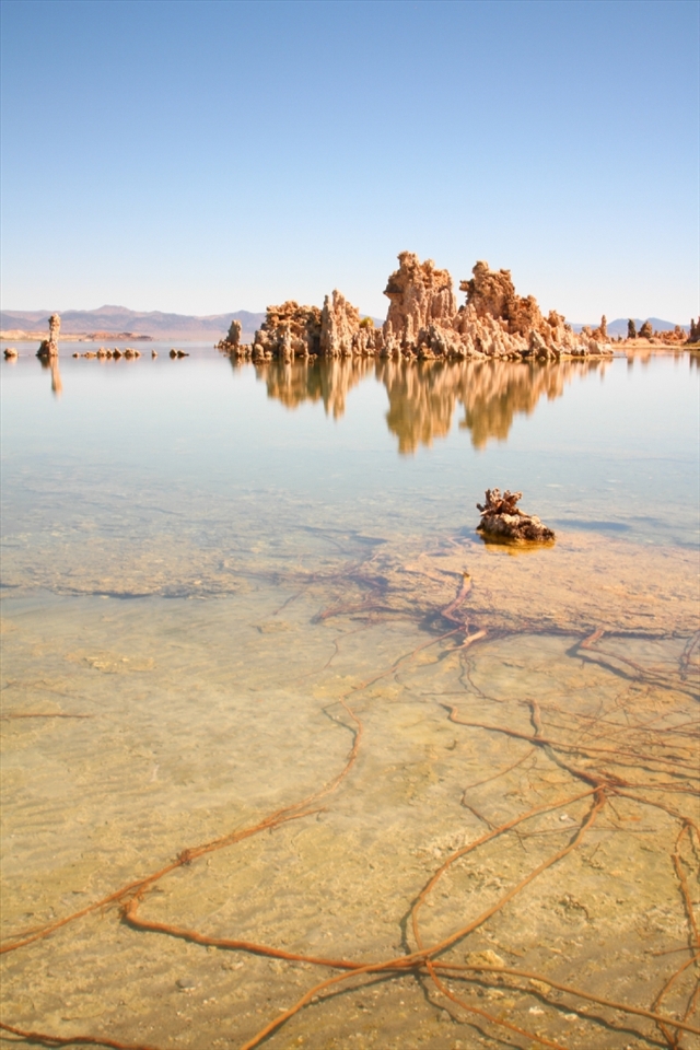 Tufa Reflections: Exposed by the declining water level, distinctive tufa towers rise from the clear briny lake.