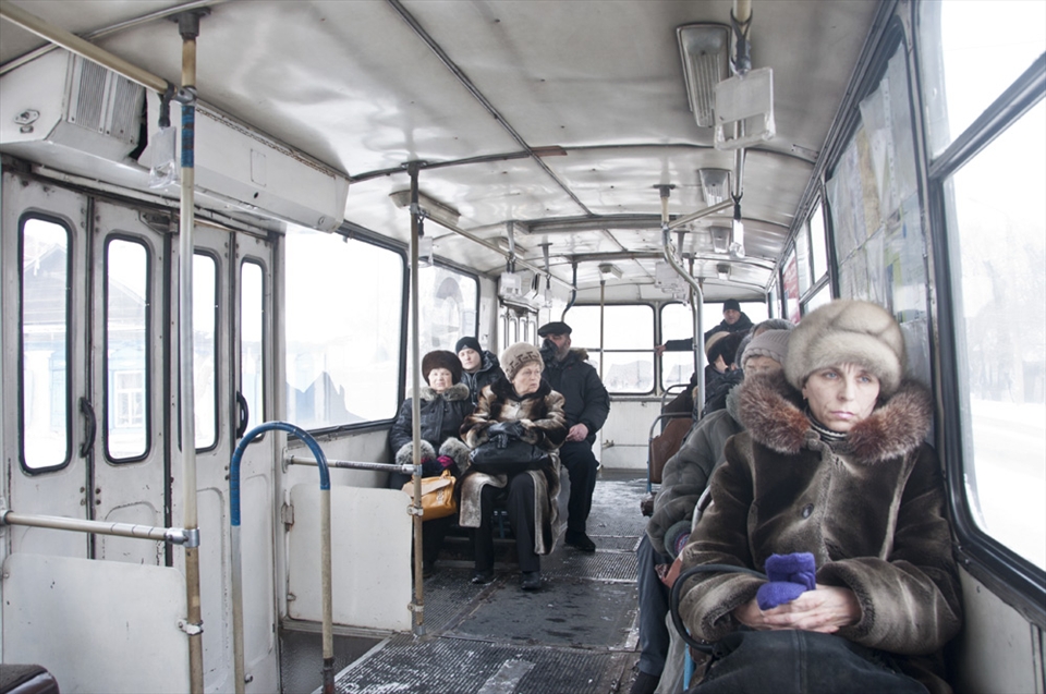 A woman in the bus in Siberia