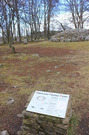 The Clava cairns- a type of circular chamber tomb. They fall into two sub-types, one typically consisting of a corbelled passage grave with a single burial chamber linked to the entrance by a short passage and covered with a cairn of stones, with the entrances oriented south west towards midwinter sunset. In the other sub-type an annular ring cairn encloses an apparently unroofed area with no formal means of access from the outside. In both sub-types a stone circle surrounds the whole tomb and a kerb often runs around the cairn. The heights of the standing stones vary in height so that the tallest fringe the entrance (oriented south west) and the shortest are directly opposite it. Where Clava-type tombs have still contained burial remains, only one or two bodies appear to have been buried in each, and the lack of access to the second sub-type suggests that there was no intention of re-visiting the dead or communally adding future burials.