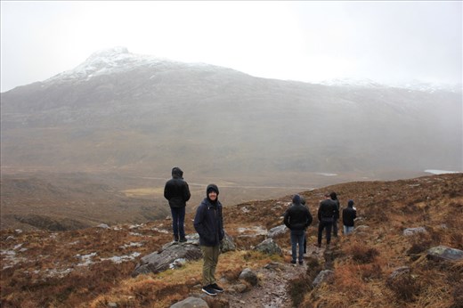 Walking through the Benn Eighe National Nature reserve.  Half the group were pansies and didn't do this walk because it was raining.. the rain hit our faces so hard it hurt!..but then.. it snoooowed! 