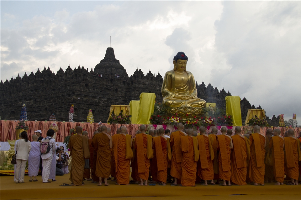 Buddhist monks from various countries attend at Borobudur temple during celebra