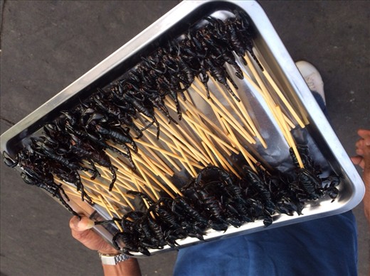 Scorpion on a stick. Don't think I'll be trying this dish. 