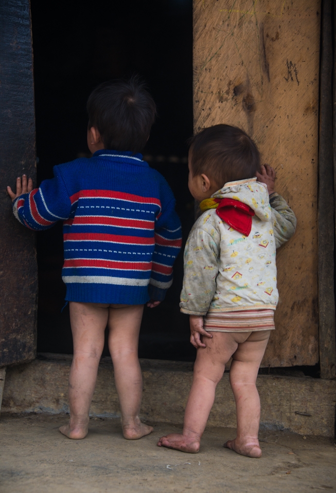 Two little boys peeking into their house after they heard a loud noise inside.
