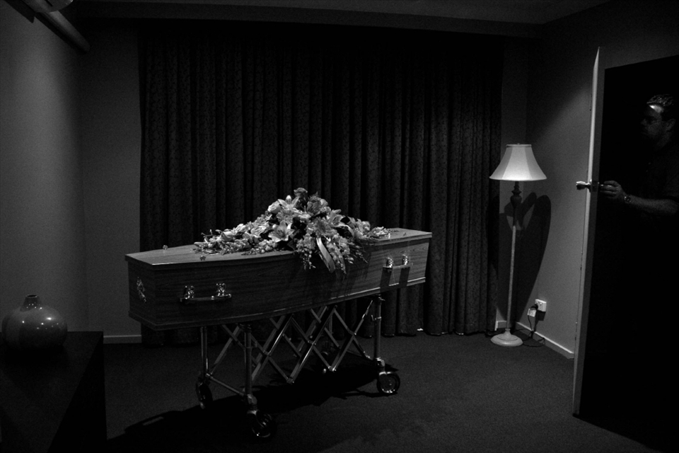 The viewing room at the funeral home. Where family take a moment to remember.