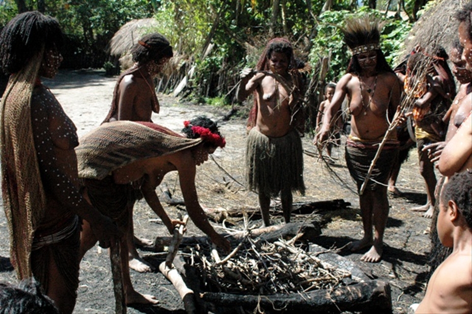Papua women are working together prepared the fire to 