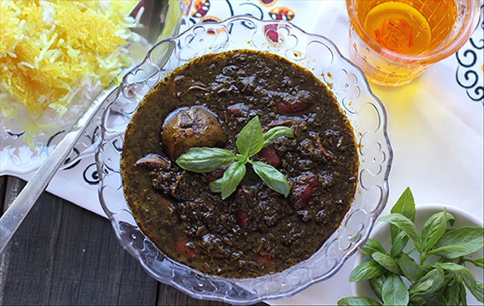 Ghormeh Sabzi, with Chelow and a side of basil and saffron water